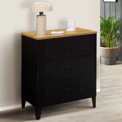 Image de Commode ESTER 60 cm 3 tiroirs métal noir et plateau façon hêtre design industriel