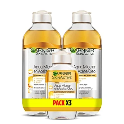 Afbeelding van Garnier Skin Active Micellair oliewater, verwijdert langdurige en waterdichte make up, reinigt verzorgt lippen, ogen gezicht, 2 x 400 ml + 1 100