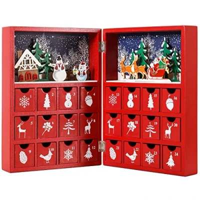 Afbeelding van BRUBAKER Herbruikbare houten Adventskalender te vullen Rood kerstboek met 24 deuren Doe het zelf kalender 21 x 9 30 cm