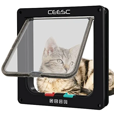 Afbeelding van CEESC kattenluik, afsluitbaar 4 weg voor katten, kleine honden, eenvoudig te installeren en gebruiken (L, zwart)