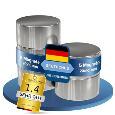 Afbeelding van 5 stuks neodymium magneten extra sterk rond Ø 20 x 10 mm sterke supermagneten ca. 13 kg hechtkracht voor whiteboard, prikbord, magneetbord, werkplaats