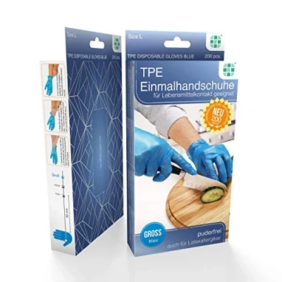 Afbeelding van Doos van 200 wegwerphandschoenen, TPE, poedervrij, blauw, maat L