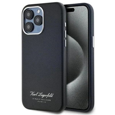 Afbeelding van Karl Lagerfeld Case Grained Hotel RSG Geschikt voor iPhone 15 Pro Max Zwart