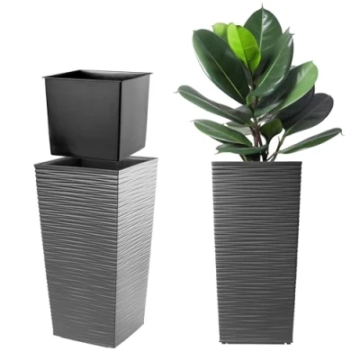 Afbeelding van KADAX Bloempot/plantenpot, kunststof bak, voor binnen en buiten, tuin, balkon, patio, huis, weerbestendig, imitatie rotan, 57,1 cm hoog, grafiet