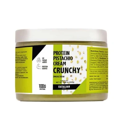 Image de EATALIAN by AMZ BETTER Crème Protéinée de Pistache CRUNCHY 500 gr, à Tartiner avec Éclats Pistache, Goût Doux, Idéale sur le Pain, pour Garnir les Desserts, Dubai Chocolate, Made in Italy