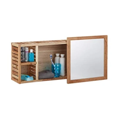 Afbeelding van Relaxdays wandrek walnoothout met spiegel badkamerkastje hout spiegelkast