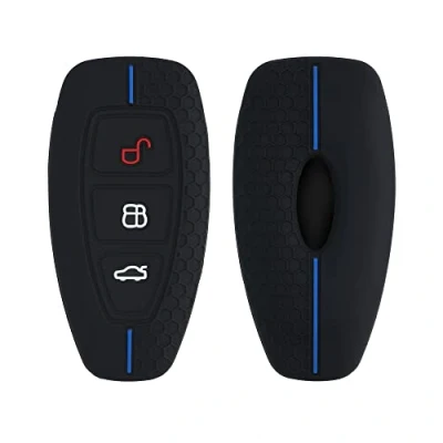 Afbeelding van kwmobile autosleutel hoesje geschikt voor Ford 3 knops Keyless Go hoes Siliconen behuizing Auto sleutel case met honingraat Sleuteletui in zwart / blauw