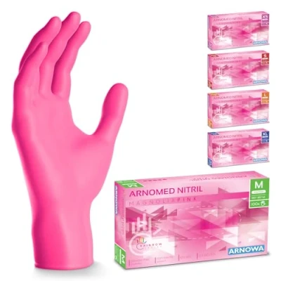 Afbeelding van Arnomed roze wegwerphandschoenen, nitril handschoenen maat M, wegwerphandschoenen met 100 stuks/doos, poedervrij &amp; latexvrij, wegwerp keukenhandschoenen, voor eenmalig
