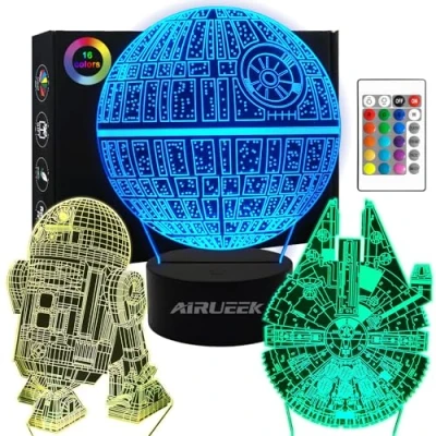 Afbeelding van AIRUEEK Star Wars 3D nachtlampje voor jongens, LED optische illusie, 3 patronen, 16 veranderende kleuren, verlichting met afstandsbediening, perfect speelgoed fans, mannen, kinderen,