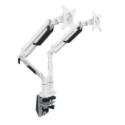 Afbeelding van DESQ® Dubbele Monitorarm met Gasveer 17/32 Inch Arm lengte 62 cm Bureauklem + Bladdoorvoer set Wit