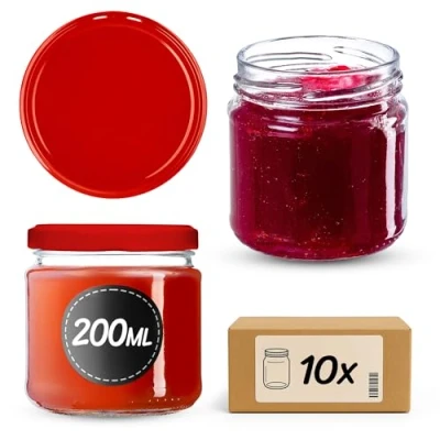Afbeelding van KADAX Kleine inmaakpotten, 200 ml, luchtdicht, rond, FI66 mm, jampotten, bokalen, minipotten voor honing en kruiden, 10 stuks, rood