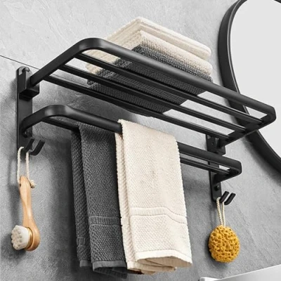 Afbeelding van Handdoekenrek zonder boren Zwart Badkamerhanddoekhouder Wandmontage voor Badkamer en Keuken Handdoekstang