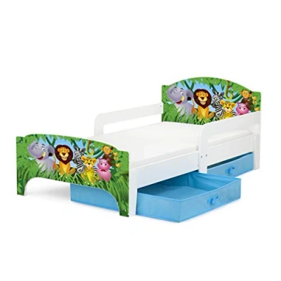 Afbeelding van Leomark Kinderbed Smart, modern, peuters, 140 x 70 cm, motief: dieren in de jungle, comfortabel, functioneel, eenpersoonsbed met lades voor kinderen, opbergruimte en matras (140 cm), grote