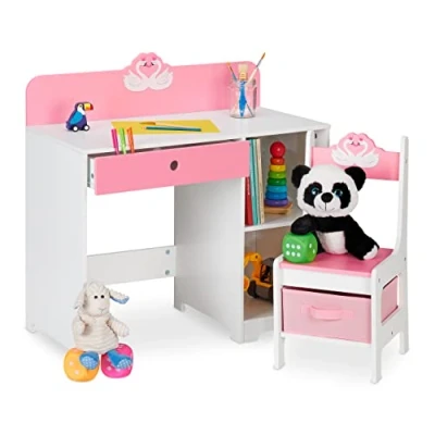 Afbeelding van Relaxdays kinderbureau en stoel lade met opbergruimte zwaan kindertafel roze wit
