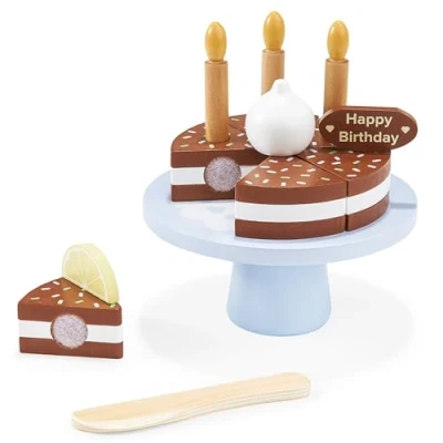 Afbeelding van Mamabrum Houten taart, verjaardag, speelgoed voor kinderen vanaf 3 jaar, kookspel, rockspeelspeelgoed, kinderspeelgoed met accessoires, verjaardagstaart van hout