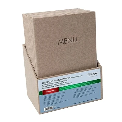 Afbeelding van SIGEL SM208 10 stuks menubeschermers met elastische trekkoord, 2 transparante hoezen voor 8 DIN A4 vellen en opbergdoos, menureliëf, donkerbeige