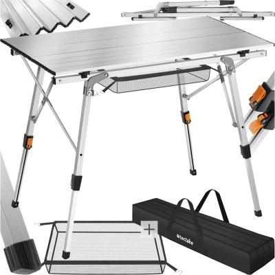 Afbeelding van tectake® campingtafel Klaptafel van aluminium Oprolbaar tafelblad Opvouwbare Reistafel Tuintafel Weerbestendig In hoogte verstelbare poten Draagtas Afmeting (LxBxH) 90 x 52 47 70 cm Zilverkleurig
