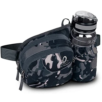 Afbeelding van Waterfly Heuptas voor dames en heren, heuptas, sport, loopriem met flessenhouder, Zwart camouflage, wandelen, hardlopen, sport