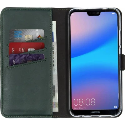 Afbeelding van Selencia Hoesje Geschikt voor Huawei P20 Lite Met Pasjeshouder Echt Lederen Bookcase Groen