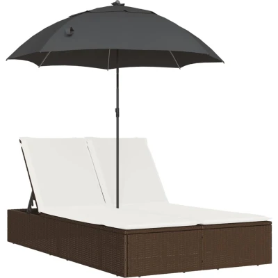 Afbeelding van Ligbed 2 persoons met kussens en parasol poly rattan bruin
