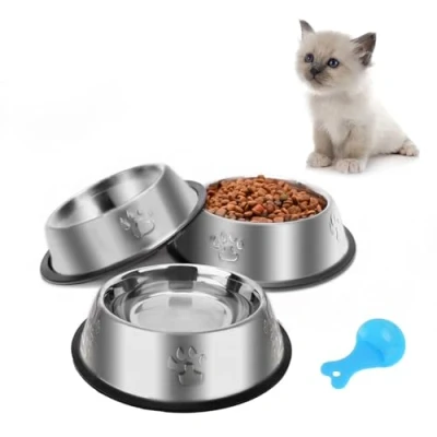 Afbeelding van Set van 3 kattenbakken roestvrij staal, antislip, met rubberen basis, voor binnenkatten en kleine honden