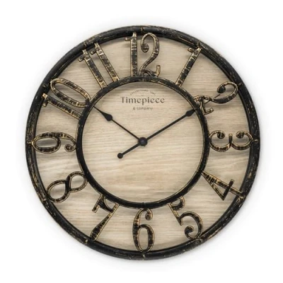 Afbeelding van K&amp;L Wall Art Grote industriële vintage wandklok, hout en metaallook, geen tikkend geluid, stille klok, diameter 50 cm