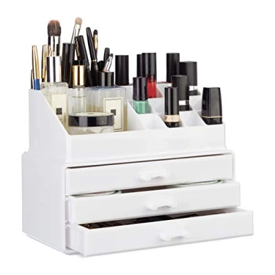 Afbeelding van Relaxdays make up organizer klein stapelbaar sieradendoosje cosmetica opbergbox wit