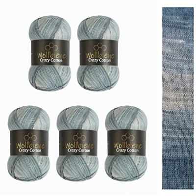Afbeelding van Wollbiene Crazy Cotton Batik 5 x 100 g, 500 g met kleurverloop, 55% katoen, meerkleurig, breiwol, voor haken alle seizoenen (6030 grijs wit)