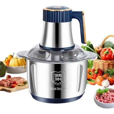 Afbeelding van elektrische hakmolen, mini vleesmolen, elektrisch, 5 l, met 6 messen, mixer van 500 watt snelheden voor vlees, groenten, babyvoeding en fruit (blauw)