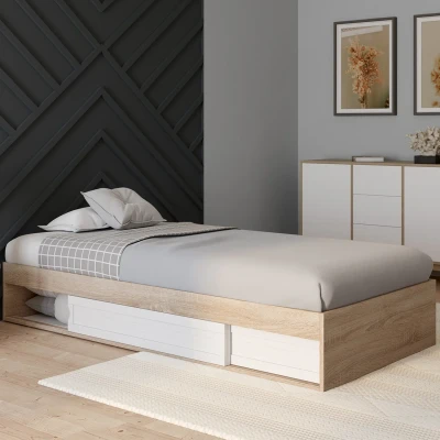 Image de Cadre de lit simple 90x190 cm bois façon hêtre et blanc avec rangement sommier 10 lattes IDMarket