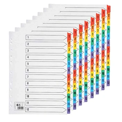 Afbeelding van KAHEIGN Set van 10 gekleurde A4 tabbladen 1 tot 12 met onderdeelnummer en 11 geperforeerde registers voor mappen, perfect het organiseren mappen op kantoor