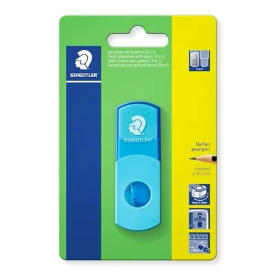 Afbeelding van Staedtler puntenslijper met gum, neonturquoise, ftalaat en latexvrij, voor potloden in standaardformaat, hersluitbaar, 2 1 op blisterkaart 511SEF30BK
