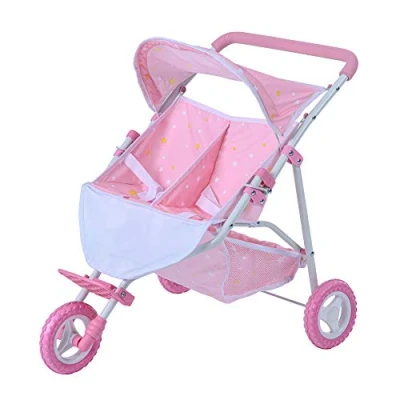 Afbeelding van Teamson Kids Dubbel Poppenwagen Voor Babypoppen Accessoires Poppen Kinderspeelgoed Roze/Sterren