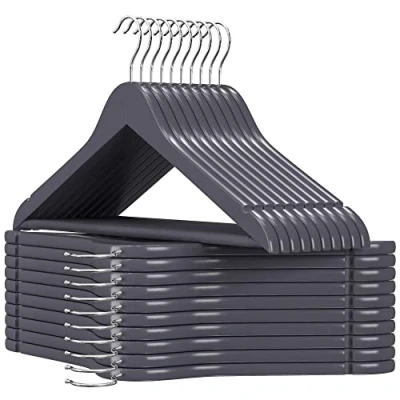 Afbeelding van Kleerhangers van hout, set 20 massief inkepingen op de schouders, antislip broekbrug, 360 graden draaibare haak, voor pakken, overhemden, grijs zilver