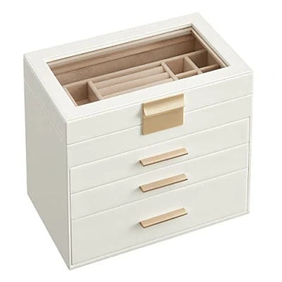 Afbeelding van Sieradendoos, sieradendoos met 4 niveaus, glazen deksel, 3 laden, voor zonnebrillen, grote sieraden, sieradenopslag, modern, wolkenwit goud