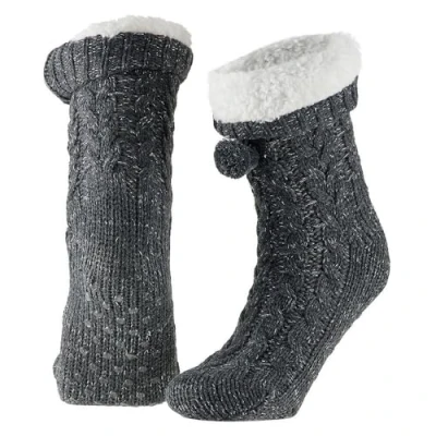 Afbeelding van Apollo Dames Huissokken met bontkraag Glitter Donker Grijs Maat 36/41 Fluffy sokken Slofsokken Anti slip Warme Winter