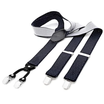 Afbeelding van DonDon brede bretels 3,5 cm 4 Y vormige leren clips elastisch en in lengte verstelbaar zwart blauw, Gestipt blauw wit, one size