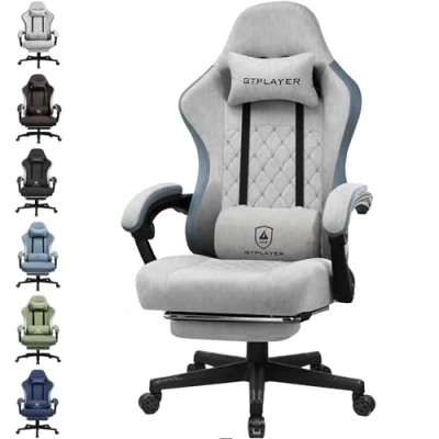 Afbeelding van GTPLAYER Ergonomische gamingstoel met stoffen oppervlak, veerkussen, verbindingsarmleuningen en voetsteun, grijs