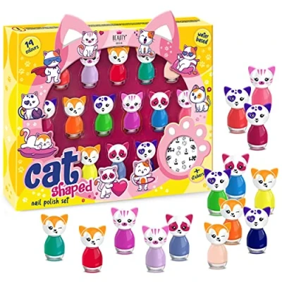 Afbeelding van CATshaped Beauty4Britain Nagellakset, op waterbasis, 14 kleuren, sneldrogend, afpellen, nagelstickers voor katten, incl. cadeaustandaard
