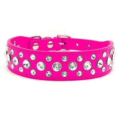 Afbeelding van Hond Kat Halsband PU Leer Steentjes Zwart Maat S M L XL (Hot Pink)