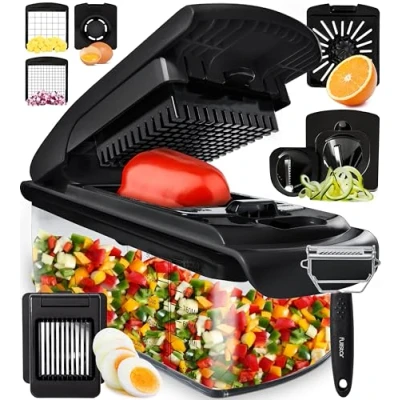 Afbeelding van Multifunctionele groentesnijder, handmatige groentesnijder en kubus, ui, wortel, komkommer, tomaten, fruit, keukenaccessoires (9 in 1 zwart)