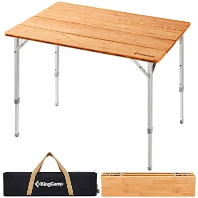 Afbeelding van KingCamp opvouwbare bamboe Camping tafel in hoogte verstelbaar aluminium frame voor buiten
