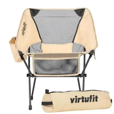Afbeelding van VirtuFit Camping Stoel Compact Strandstoel Inclusief Draagtas Geschikt voor Festivals, Campings &amp; Stranden armsteunen Eenvoudig Meenemen en Opzetten Beige