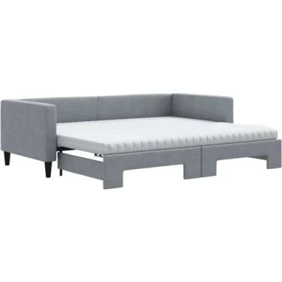 Afbeelding van vidaXL Slaapbank onderschuifbed en matrassen 90x190 cm stof lichtgrijs