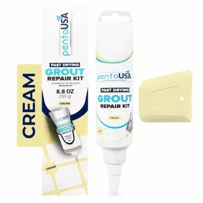 Afbeelding van PentaUSA Tegelafdichting, tegellijm, afdichting voor badkamer, repareert en vernieuwt, voegmiddel tegels, reparatieset met spatel, 250 g, crèmekleurig