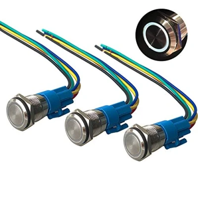 Afbeelding van QitinDasen 3 stuks premium 12 V/24 V 5 A momentdrukknopschakelaar, drukknop schakelaar 16 mm, witte led schakelaar, waterdicht, IP67, met stekkerkabel