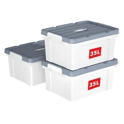 Afbeelding van Cetomo Opbergdozen van kunststof met deksel, 3 stuks, 35 l x 3, opbergdoos handvat en veilige vergrendelingsgespen, stapelbaar, in elkaar grijpbaar, voor kantoorkleding