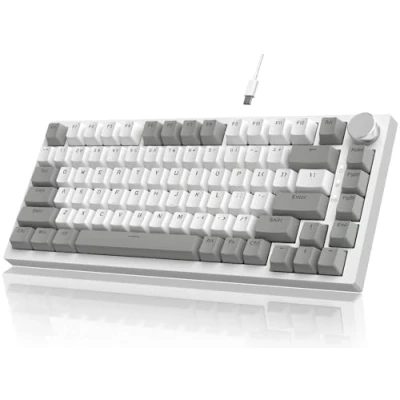 Afbeelding van YINDIAO Ajazz AK820 Clavier Mécanique avec Knob,Disposition 75% ANSI,82 Touches de Jeu Filaire,5 Mousses Insonorisantes,Hot Swap,Interrupteur Rouge,Lumière Blanche,pour PC,MAC (Gris &amp; Blanc)