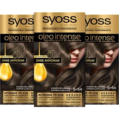 Afbeelding van Syoss Oleo Intense Oil kleur 5 54 koel lichtbruin niveau 3 (3 x 115 ml) permanente haarkleur met voedende olie, zonder ammoniak