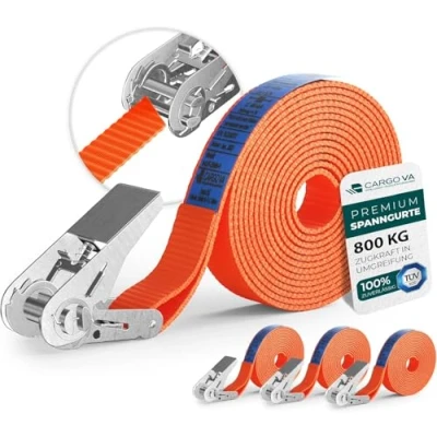 Afbeelding van Set van 4 spanbanden met ratel, m, 800 kg, TÜV/GS en DIN gecertificeerd, veelzijdig inzetbaar, breedte 25 mm, voor professionele toepassingen